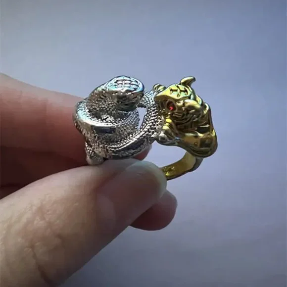 3D Retro Gold Tiger Silver Snake Fighting Animal Bohemia Ring - Picture 8 of 10